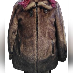 David Basso Brown Faux Mink Fur Jacket Sz S